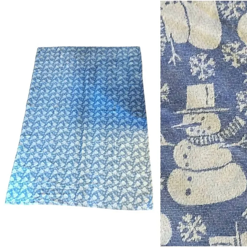 VTG‎ Blue White Snowman Textured Print Christmas Table Cloth 52